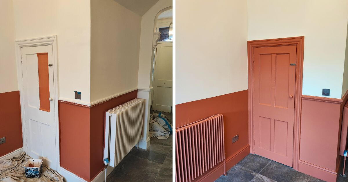 interior decorative woodwork doors painting service Dublin split image of the before and after images for a decorative painting project of the hall of a flat, painting doors and door frames in south dublin