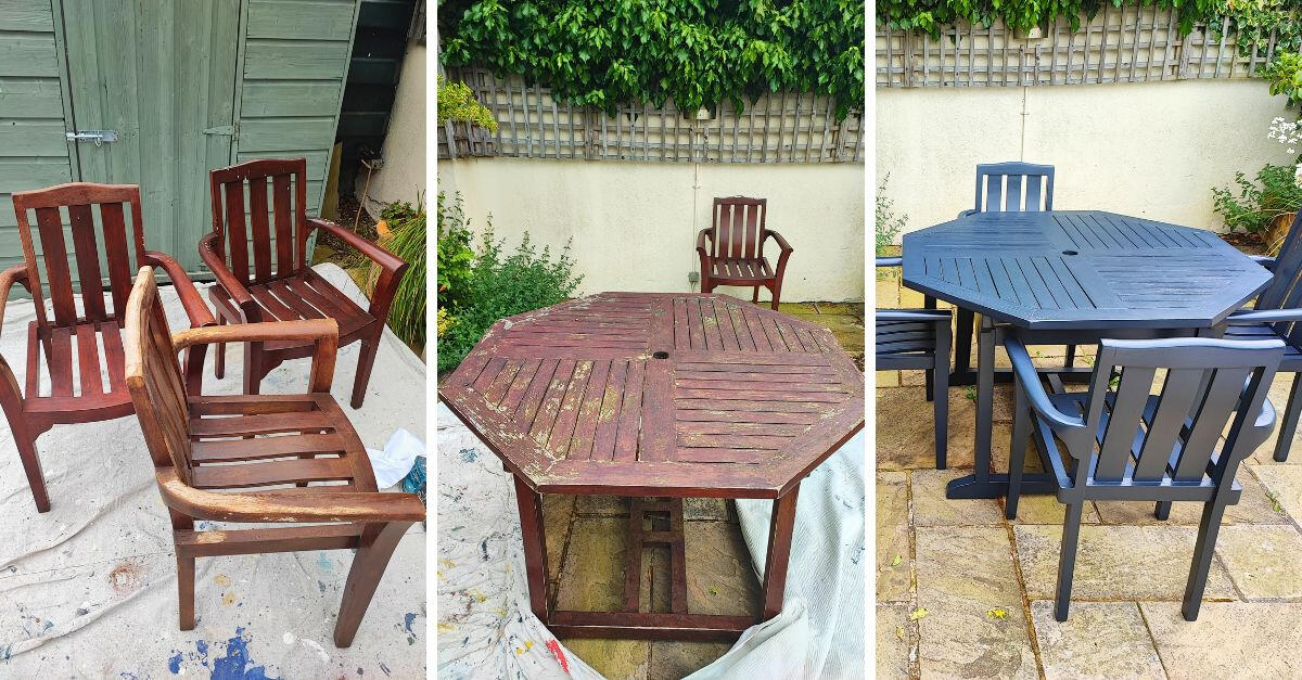 Furniture refinishing painting service Dublin split image of the before and after images for a refinishing wooden chairs and table painting project