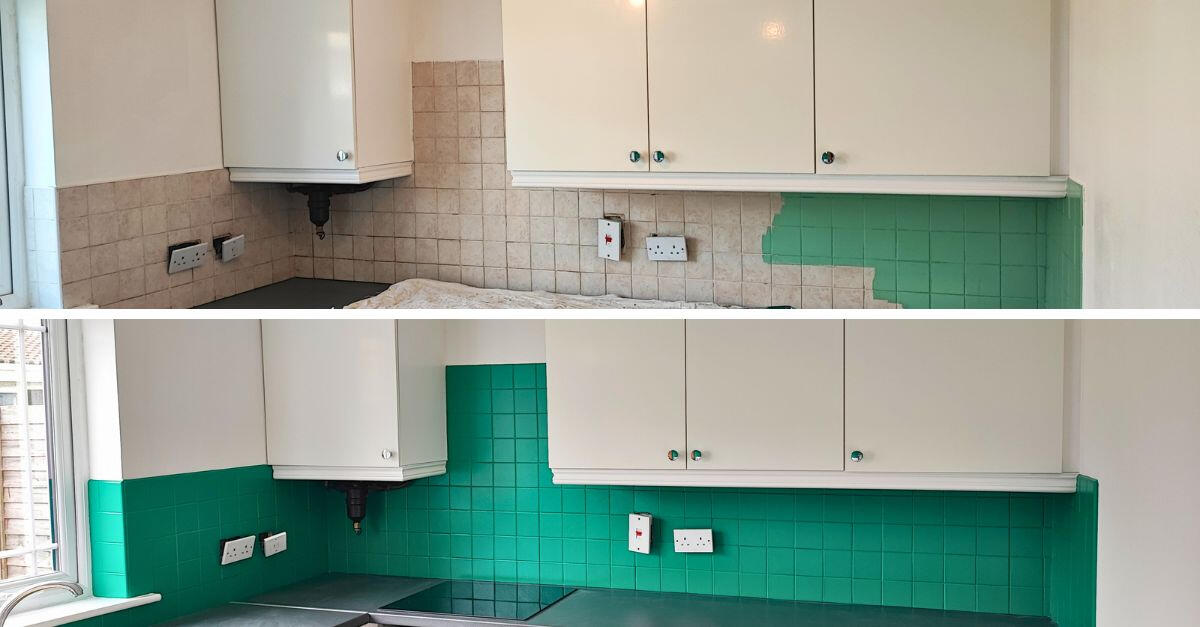 kitchen tiles painting service Dublin split image of the before and after images for a kitchen painting project of kitchen walls and tiles in Dublin
