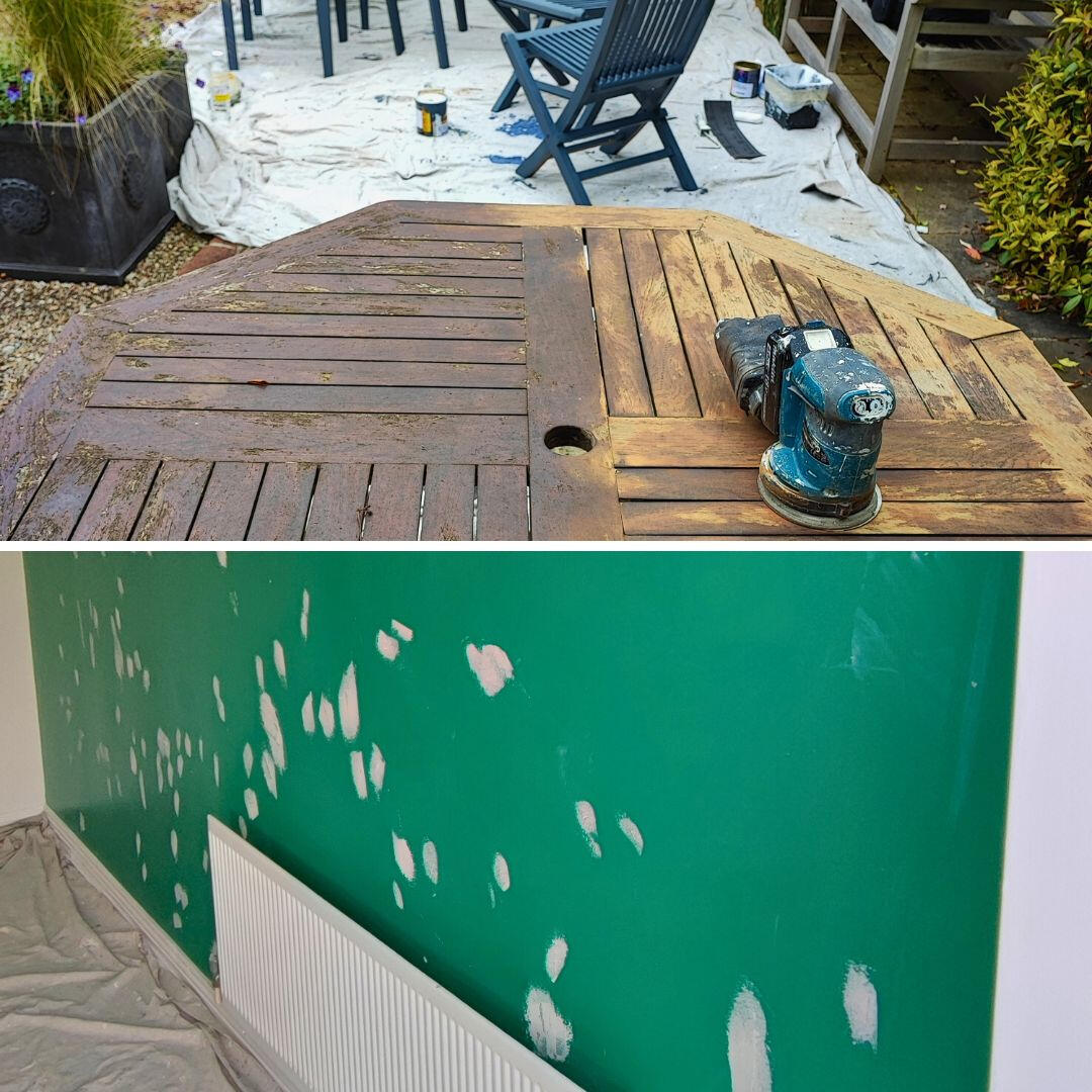 split image of 2 painting projects of preparation steps to painting wooden furniture and walls